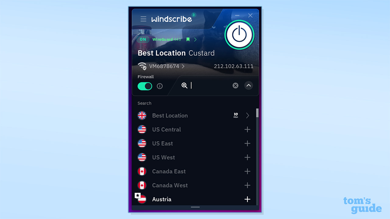 צילום מסך של מסך הבית של Windscribe VPN