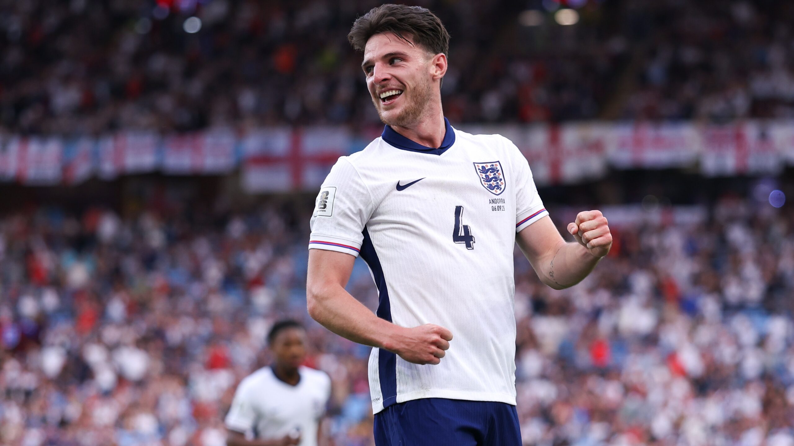 Declan Rice celebrating after scoring England's second goal against Andorra