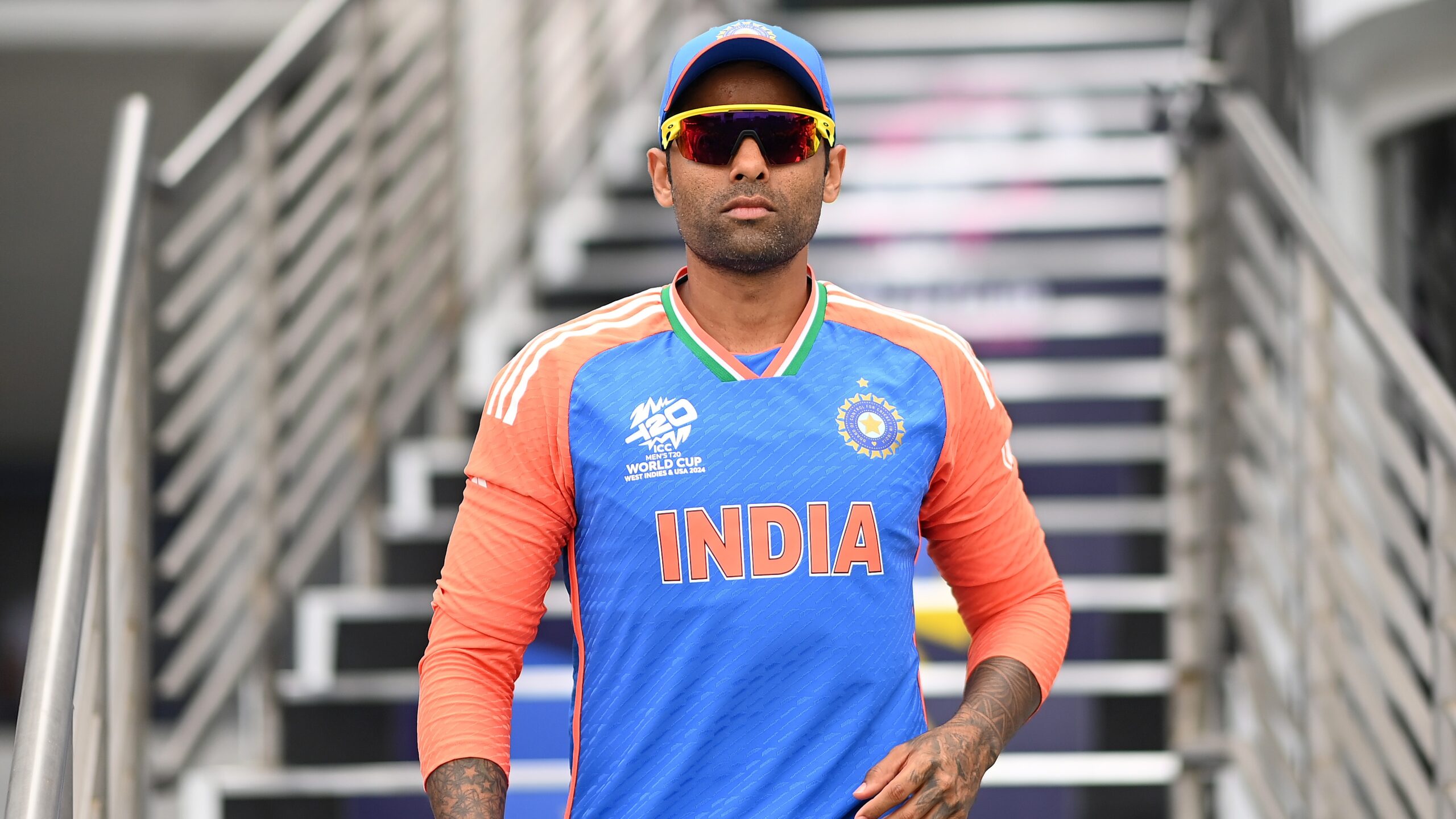 Suryakumar Yadav of India looks on during the ICC Men's T20 Cricket World Cup West Indies &amp; USA 2024 Final match between South Africa and India at Kensington Oval on June 29, 2024 in Bridgetown, Barbados.