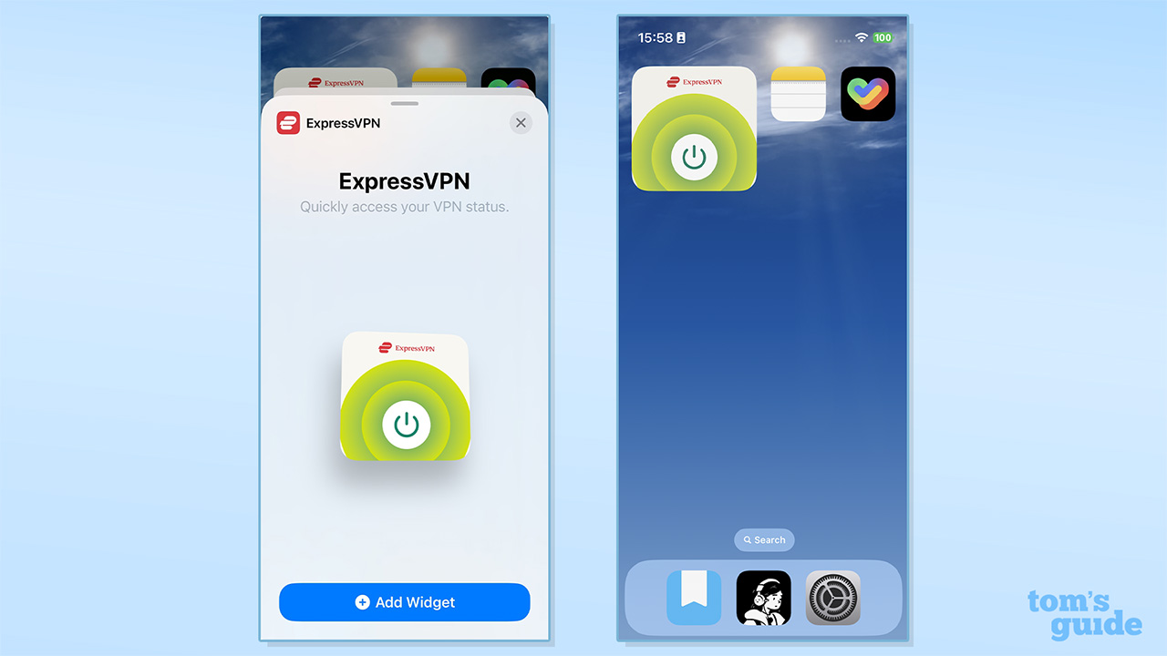 תמונות של בחירת ווידג'ט של ExpressVPN והווידג'ט המותקנים במסך הבית של אייפון
