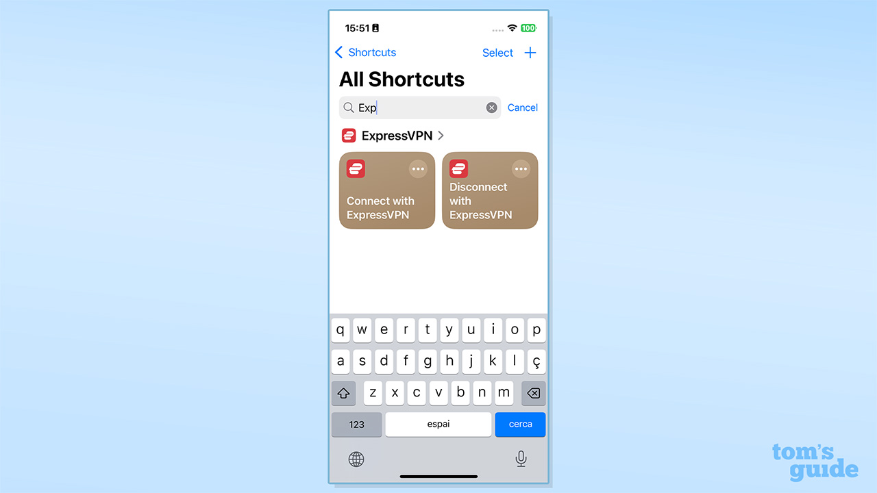 צילום מסך של iPhone של קיצורי דרך של ExpressVPN Connect and ניתוק