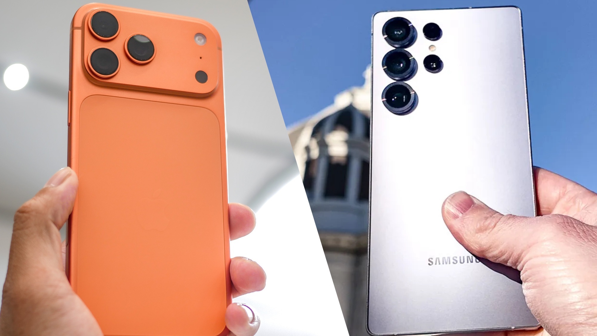 The iPhone 17 Pro Max held alongside a Samsung Galaxy S25 Ultra.