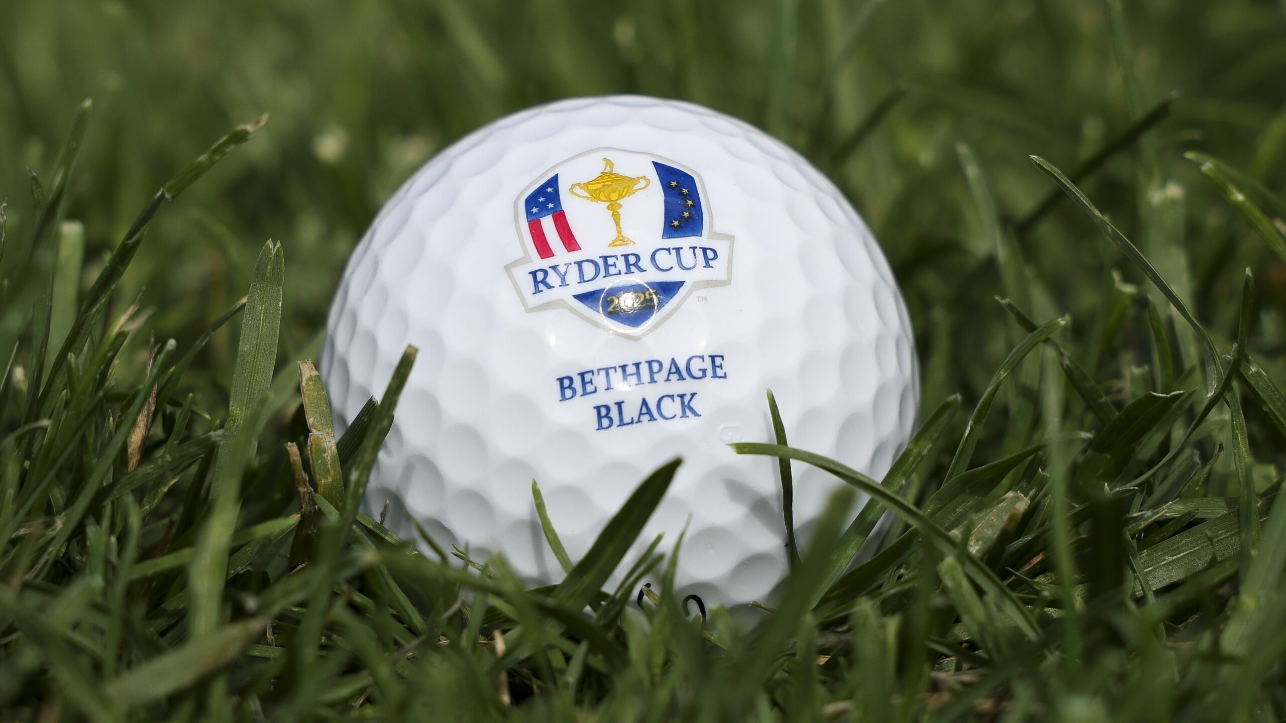 A detailed view of a Ryder Cup golf ball prior to the Ryder Cup 2025 at Black Course at Bethpage State Park Golf Course on September 22, 2025 in Farmingdale, New York.