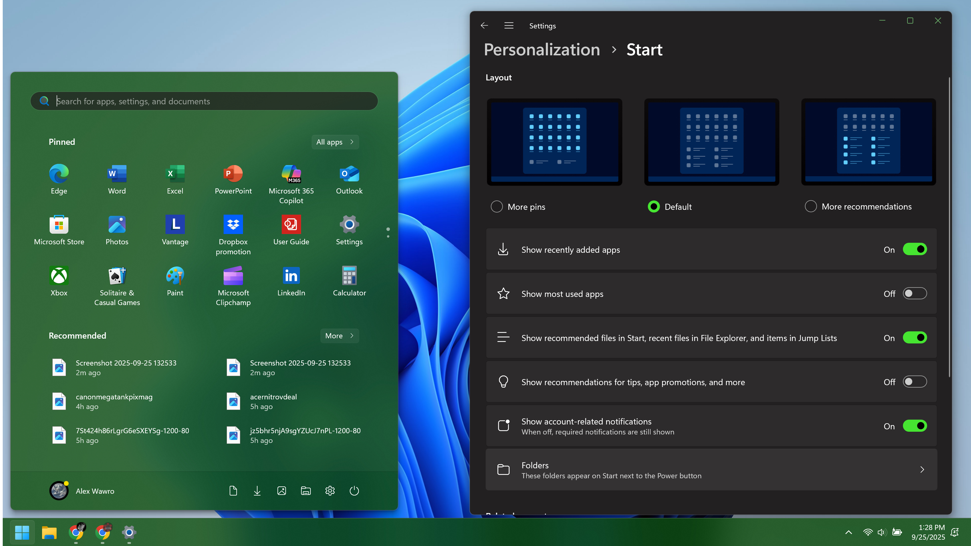 תפריט התחלה של Windows 11