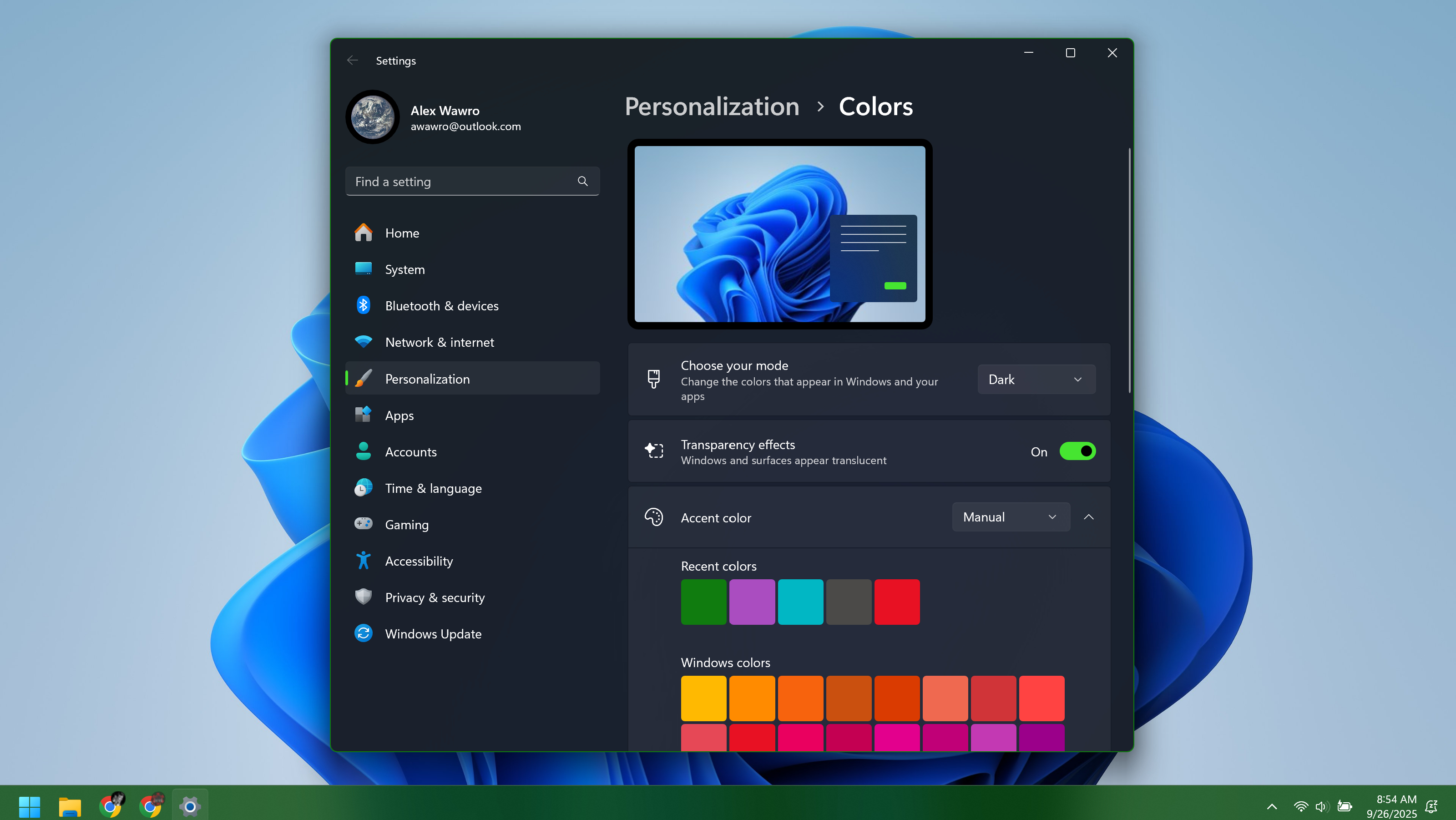 תפריט מצב של Windows 11 Dark