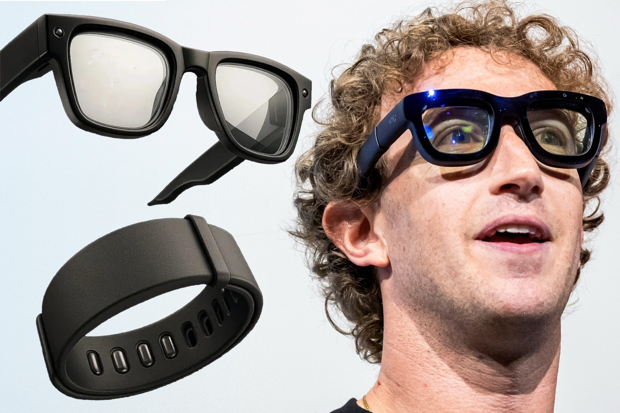 Mark Zuckerberg wearing Project Orion smart glasses with render of rumored Meta Hyerpnova smartglasses and wristband