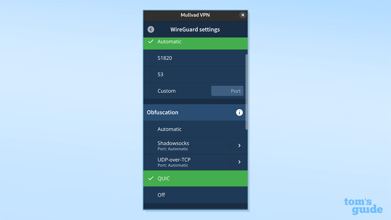 תמונת VPN של Mullvad של הגדרות ערפול ופרוטוקול ה- Quic שנבחר