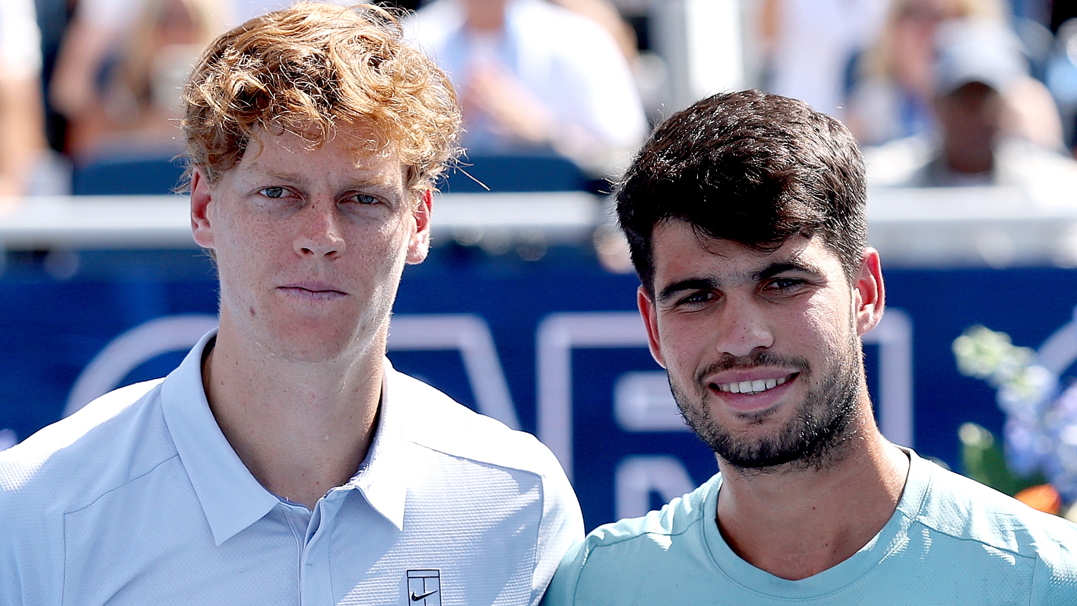 MASON, OHIO - AUGUST 18: Jannik Sinner of Italy and Carlos Alcaraz of Spain pose with their Rookwood Cups after the men's final of the Cincinnati Open ahead of the US Open Men's Final 2025 at Flushing Meadows, NY. (Photo by Matthew Stockman/Getty Images)