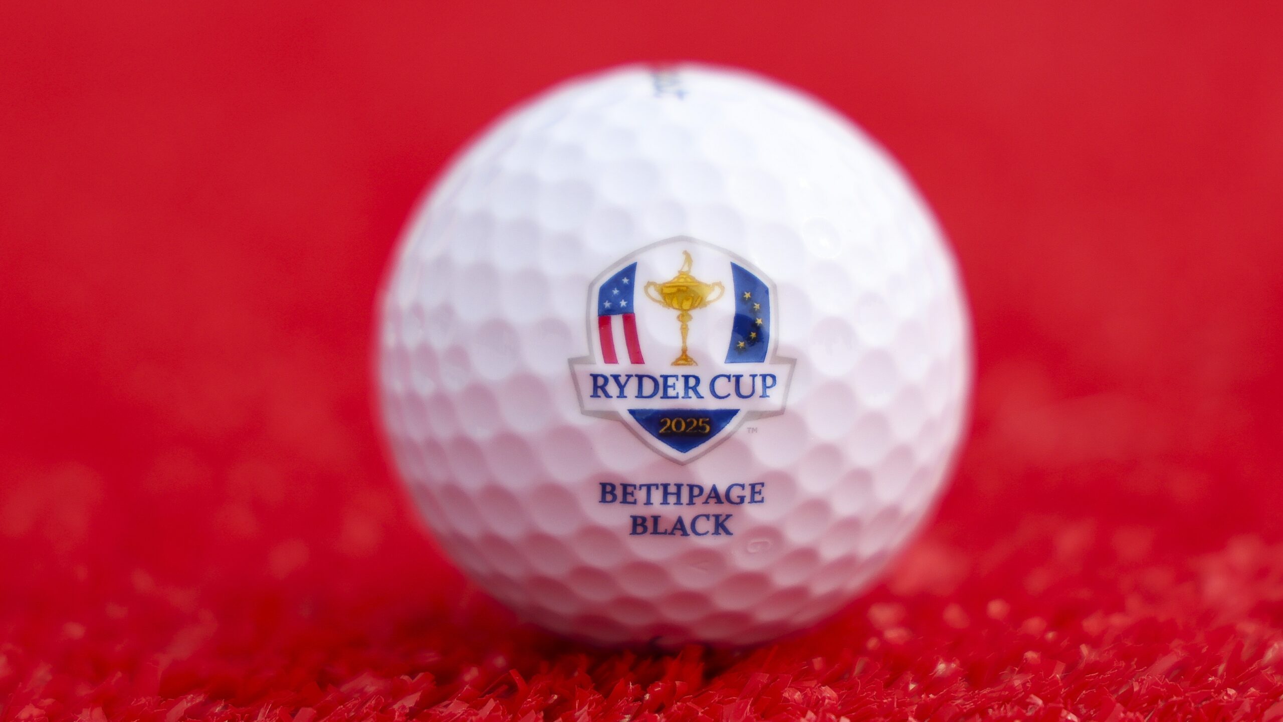 A detailed view of a Ryder Cup golf ball prior to the Ryder Cup 2025 at Black Course at Bethpage State Park Golf Course on September 22, 2025 in Farmingdale, New York.
