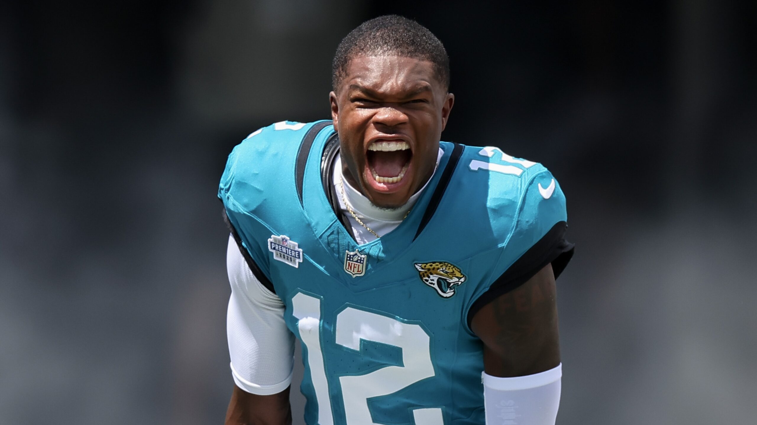 Travis Hunter #12 of the Jacksonville Jaguars reacts as he takes the field prior to a game against the Carolina Panthers during the game at EverBank Stadium on September 07, 2025 in Jacksonville, Florida.