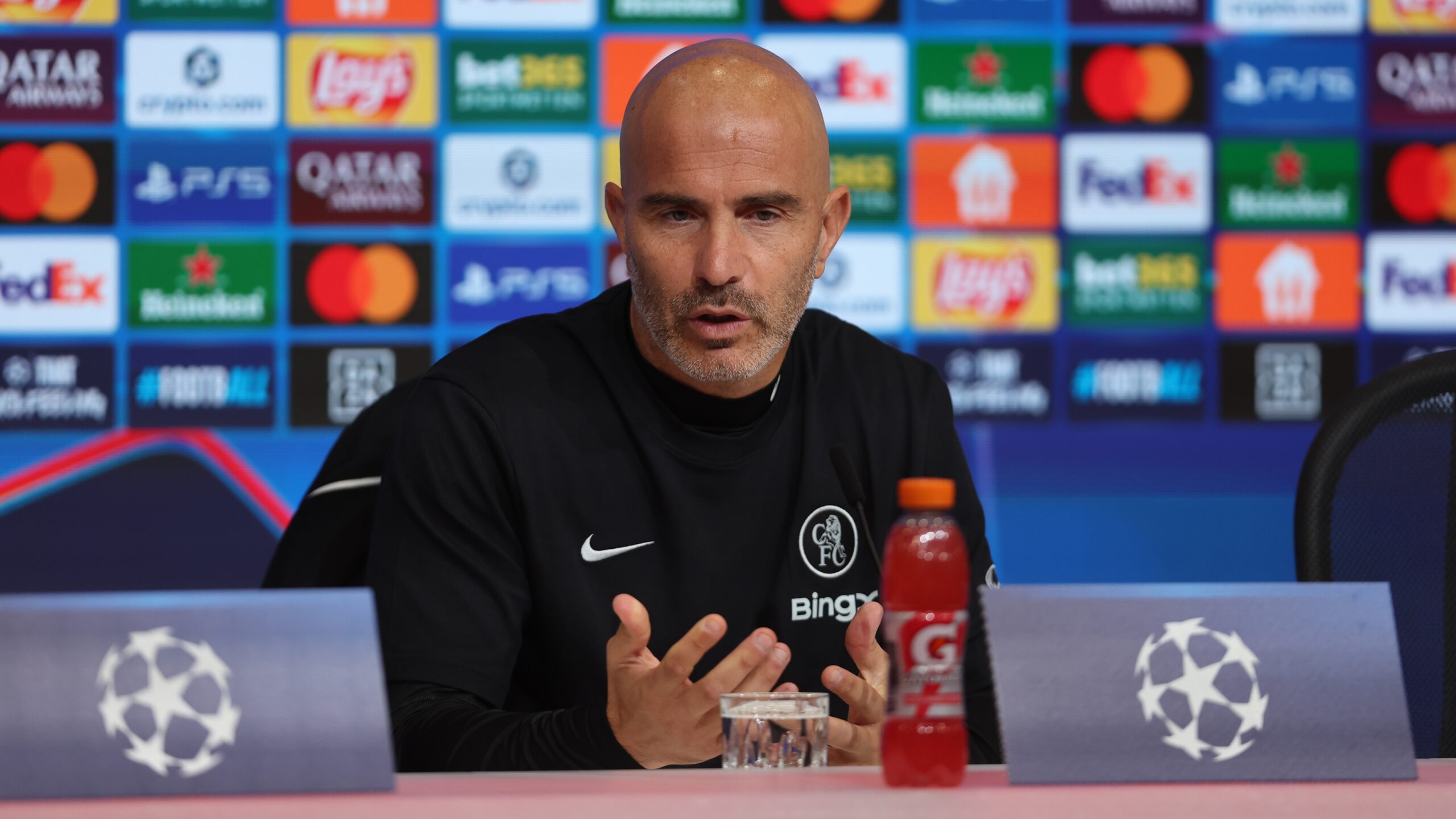 Head Coach, Enzo Maresca of Chelsea talks to the media during the UEFA Champions League Chelsea FC Press Conference at Football Arena Munich on September 16, 2025 in Munich, Germany.