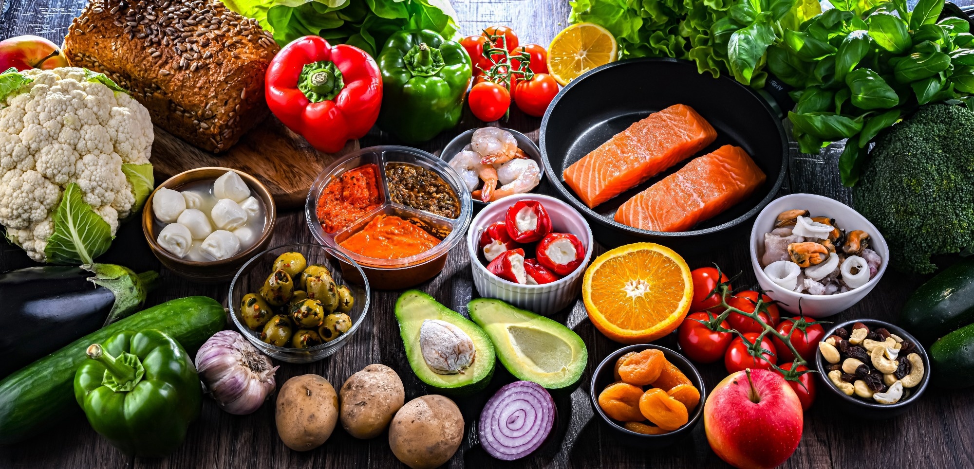 Food products representing the Mediterranean diet.