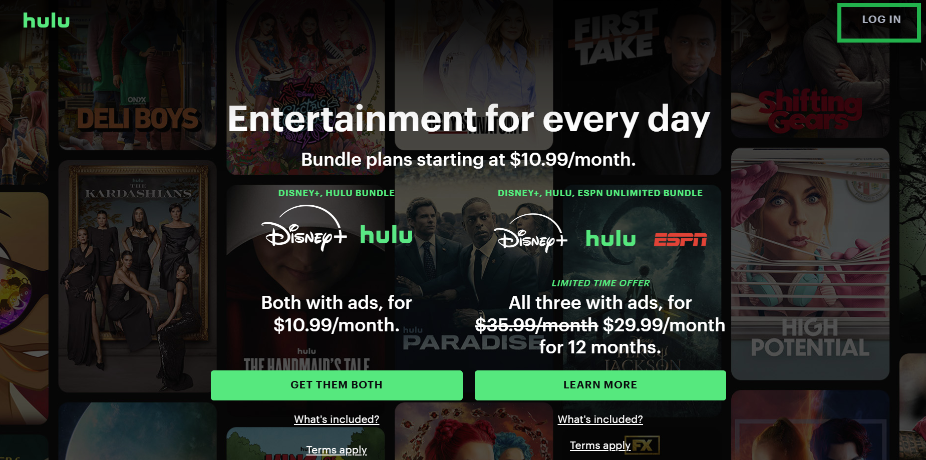 דף הראשי של אתר Hulu ' עם כניסה מודגשת על ידי תיבה ירוקה