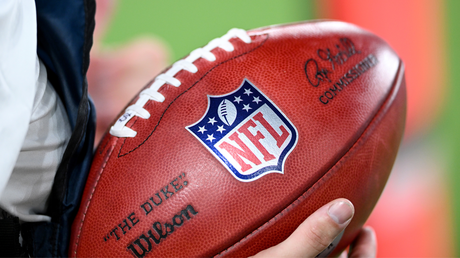 A view of the NFL Logo on a football in the game between the Baltimore Ravens and the Indianapolis Colts during the NFL Preseason 2025 game at M&amp;T Bank Stadium on August 07, 2025 in Baltimore, Maryland.