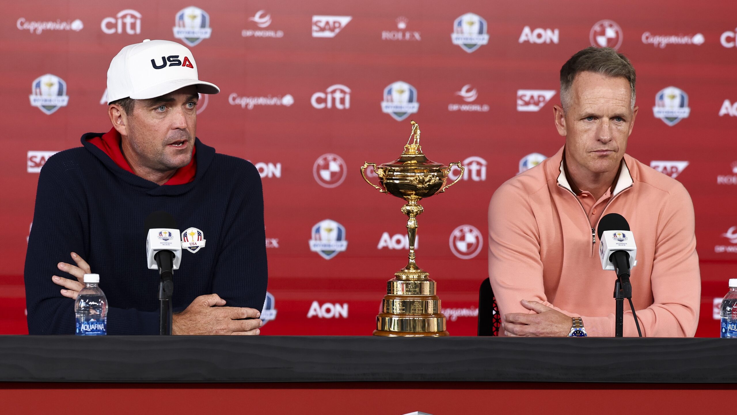 Keegan Bradley, Captain of Team United States and Luke Donald, Captain of Team Europe speak in a press conference prior to the Ryder Cup 2025 at Black Course at Bethpage State Park Golf Course on September 22, 2025 in Farmingdale, New York.