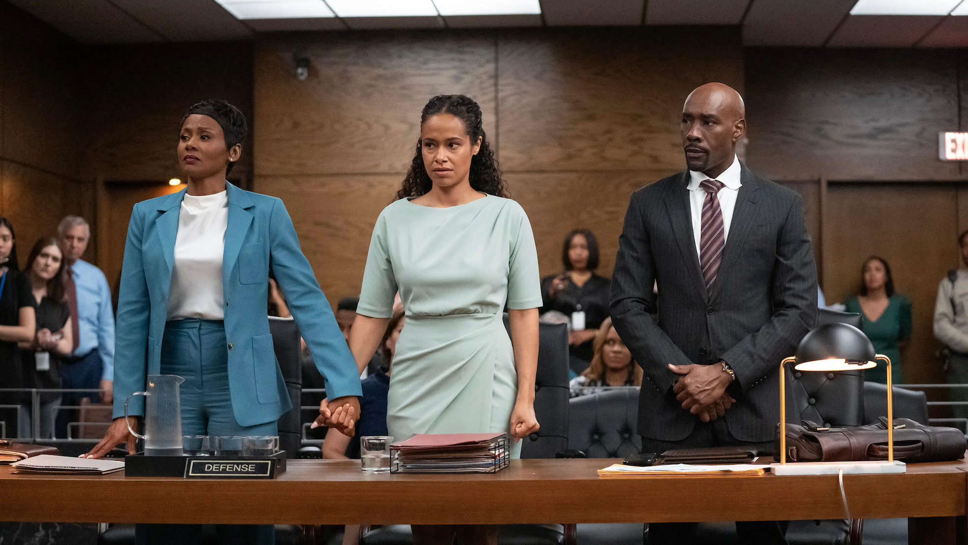 Jax Stewart (played by Emayatzy Corinealdi), Monica (Brandee Evans) and Corey Cash (Morris Chestnut) star in "Reasonable Doubt" season 3