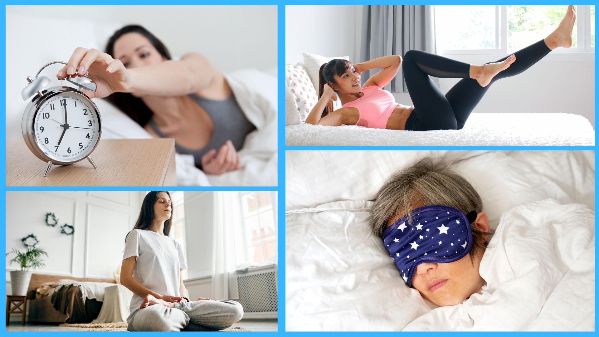 ארבע תמונות של טיפים שונים לשינה שעוזרים לכם לחיות זמן רב יותר, כולל מדיטציה ופעילות גופנית