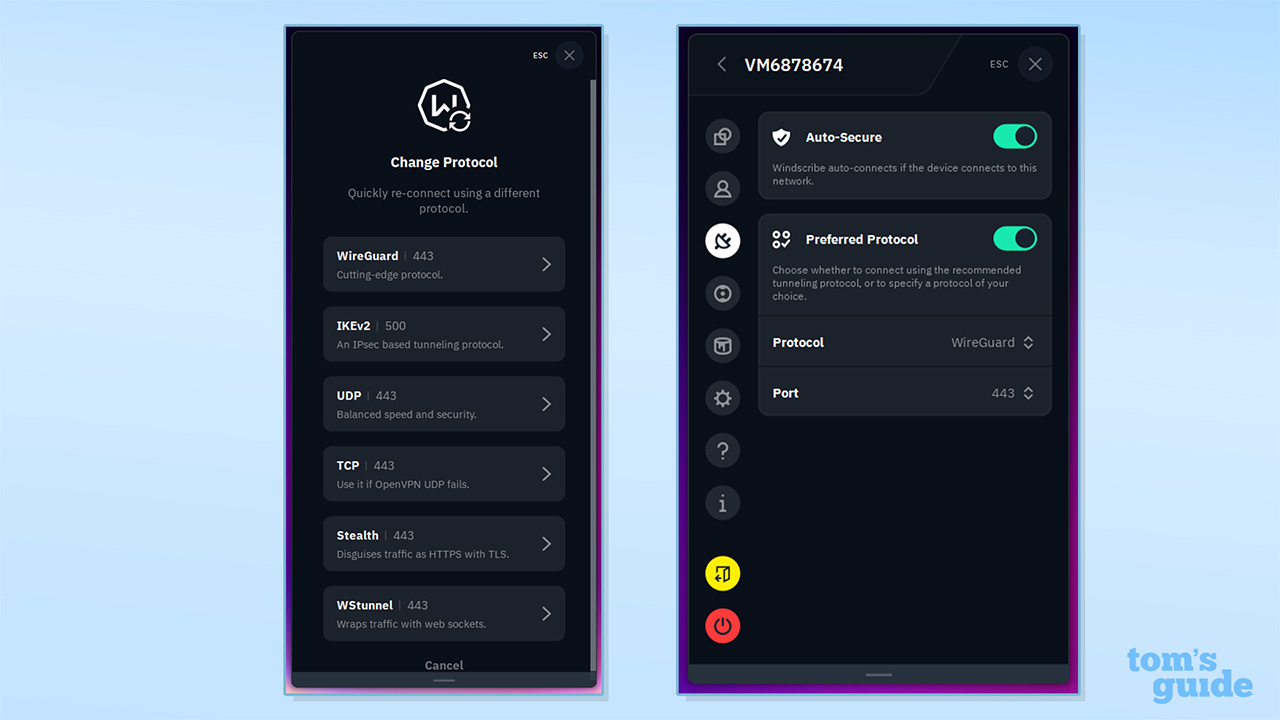 צילום מסך של הגדרות פרוטוקול VPN של Windscribe