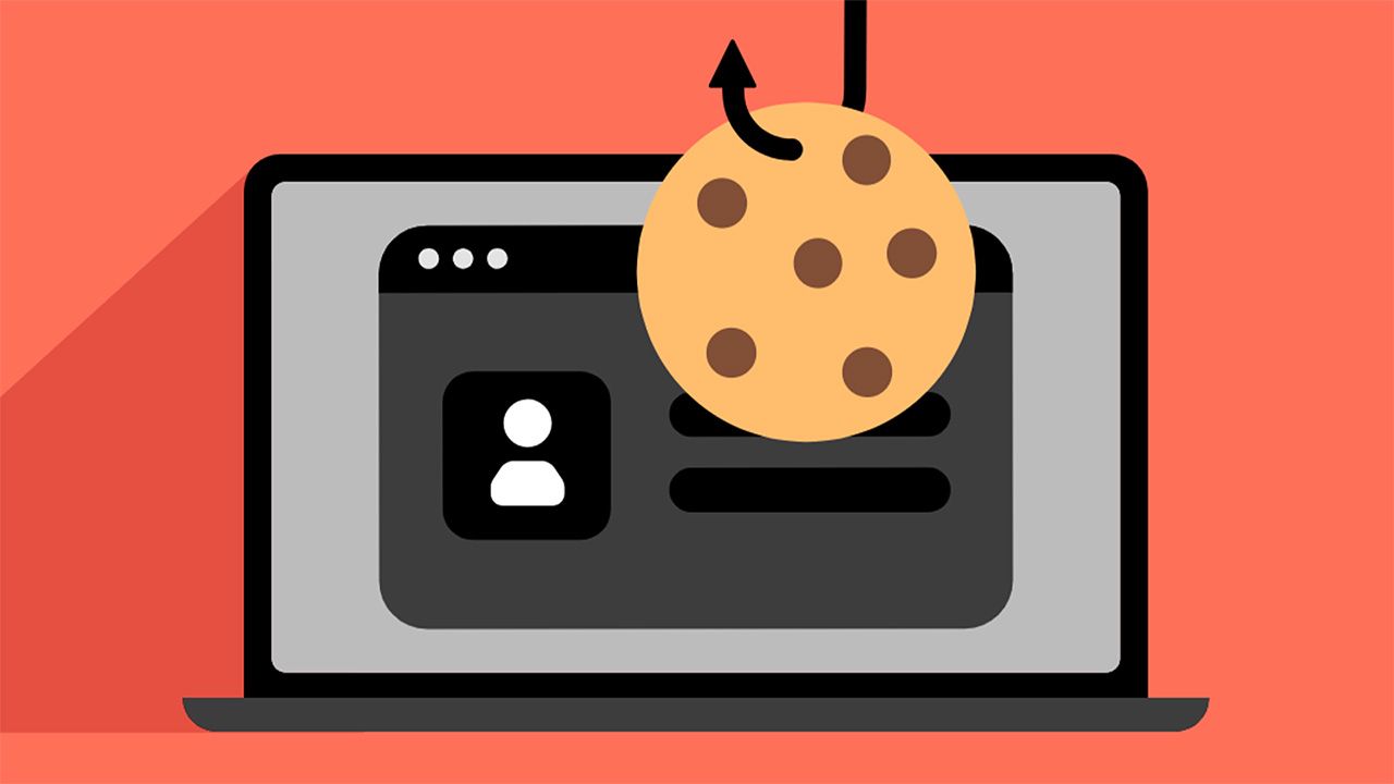 Cartoon image of a laptop displaying user login information on a red background. A fishing hook with a cookie is seen in front of the laptop