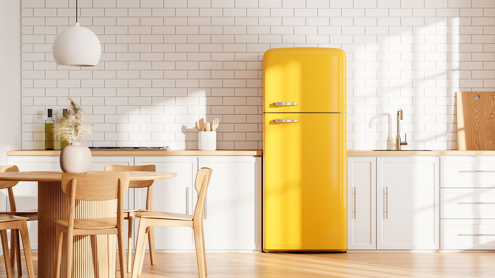Refrigerator in a brightly lit kitchen