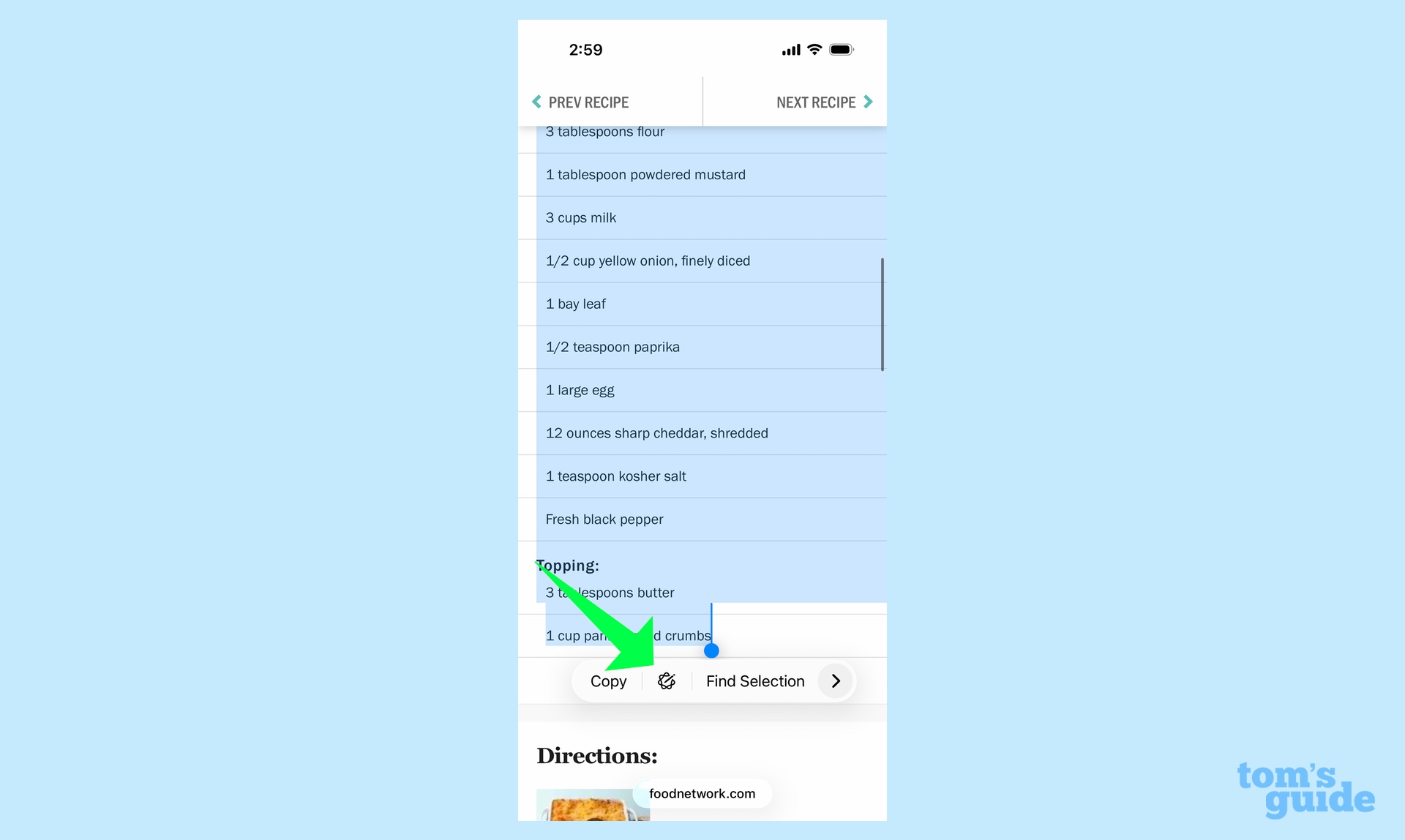 הדגשת מרכיבים ממתכון ב- iOS 26 ספארי ובחירת כלי כתיבת מודיעין של אפל