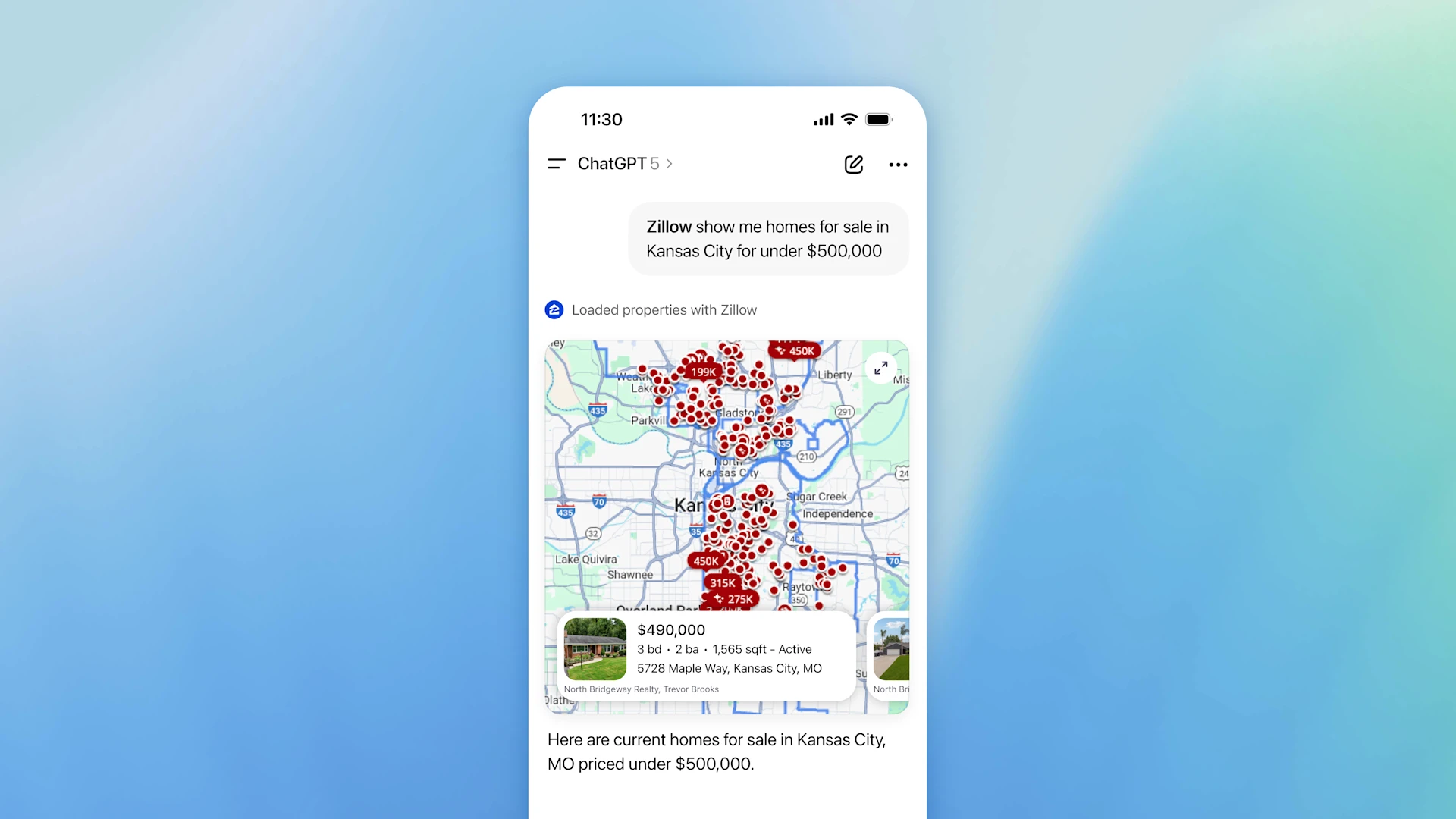 A screenshot of Zillow being used on ChatGPT
