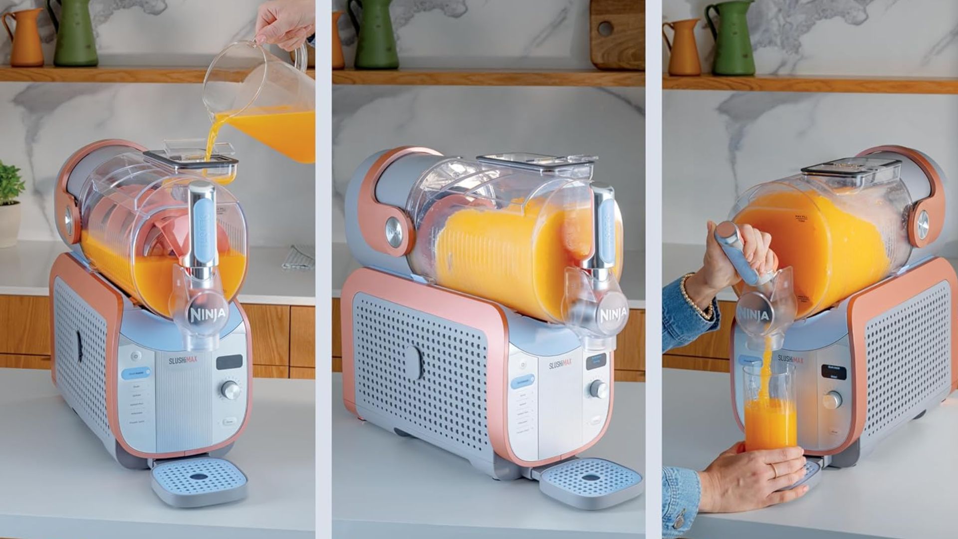 Ninja's new Slushi Max on a kitchen countertop next to drinks