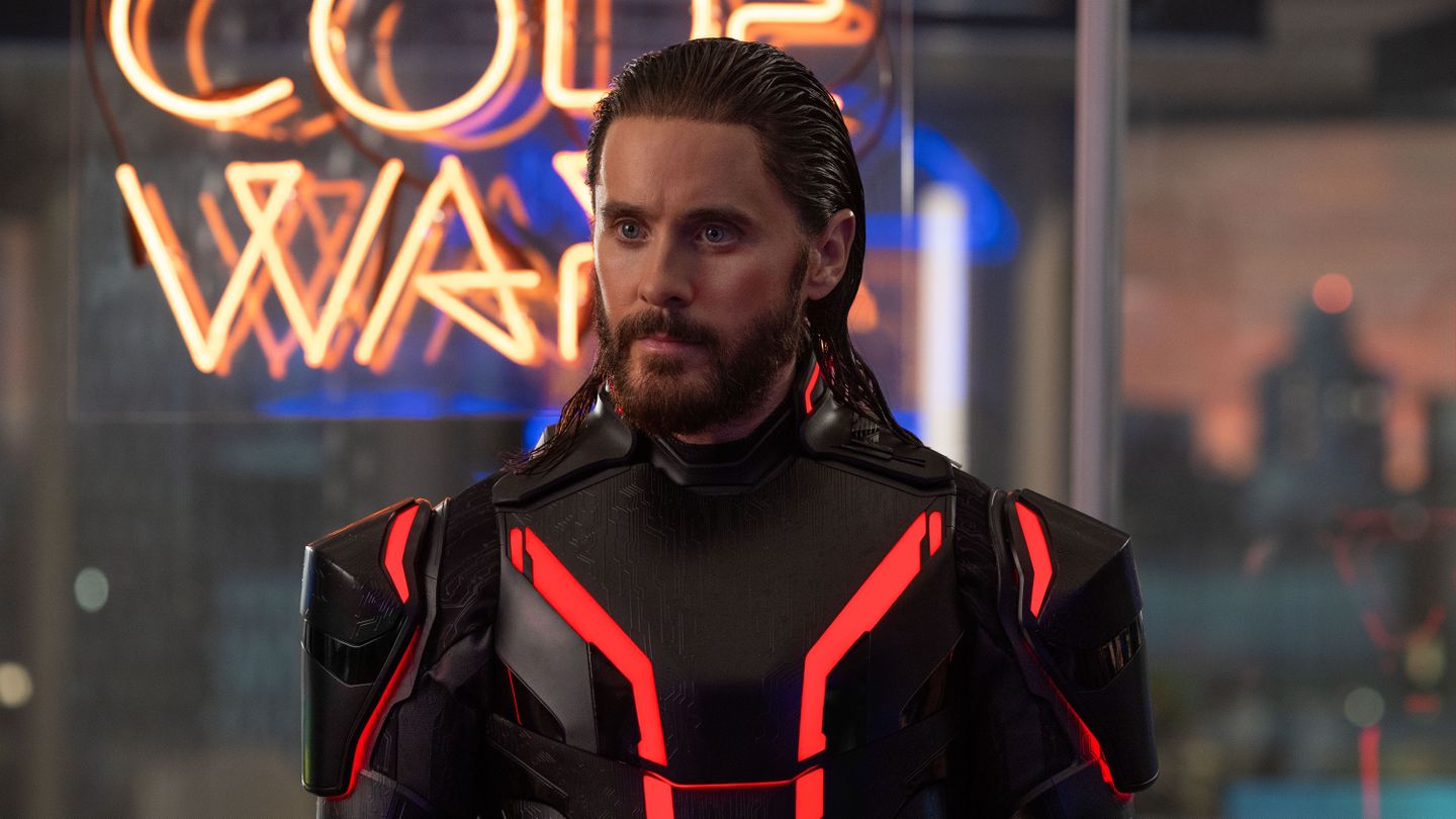 Ares (Jared Leto) without his mask on in a scene from Disney's "Tron: Ares"