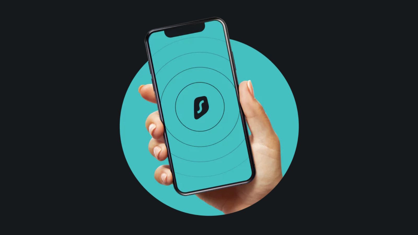 A hand holding a smartphone featuring the logo of Surfshark VPN.