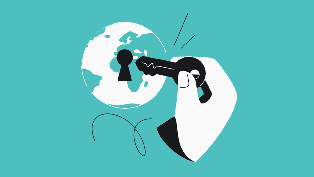 גרפיקת הצפנה של Surfshark המציגה יד מחזיקה מפתח. יש כדור עם חור מנעול