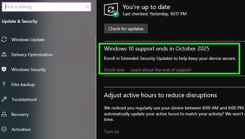 Windows 10 אזהרת סוף חיים ב- Windows Update