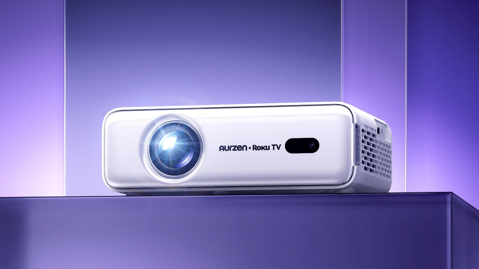 Aurzen D1R Roku smart projector on stand with purple background