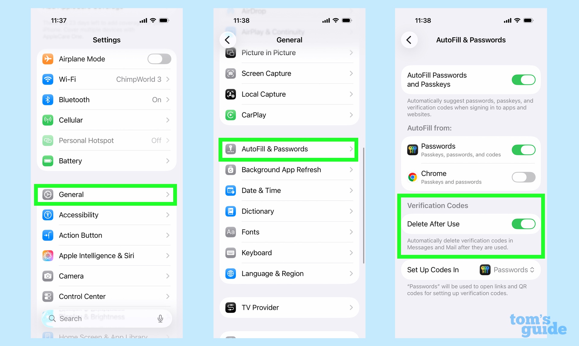 מחק קודי אימות לאחר השימוש על ידי הפעלת מתג בקטע מילוי אוטומטי וסיסמאות של ההגדרות