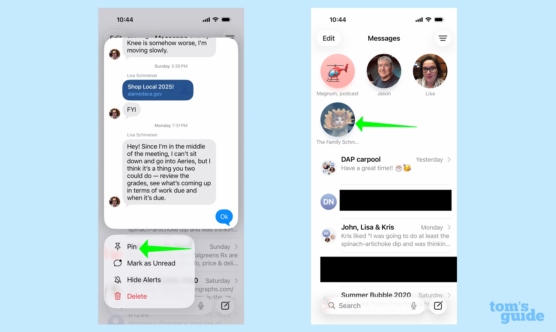 הקש והחזק שיחה כדי להצמיד אותה לראש ההודעות