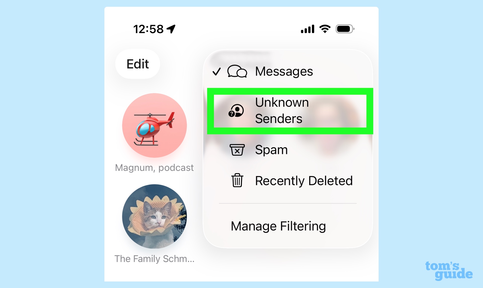 מסנן שולחים לא ידועים בהודעות iOS 26