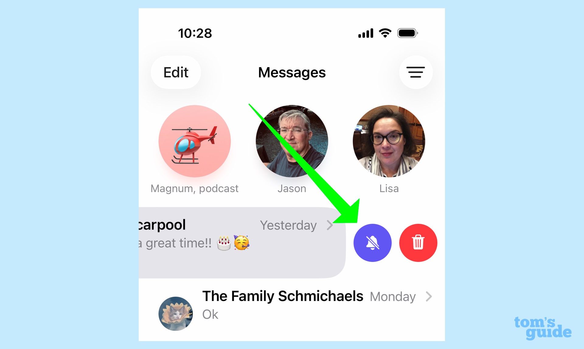 השתקת התראות בשיחות על ידי החלקה ימינה והקשה על הפעמון הסגול