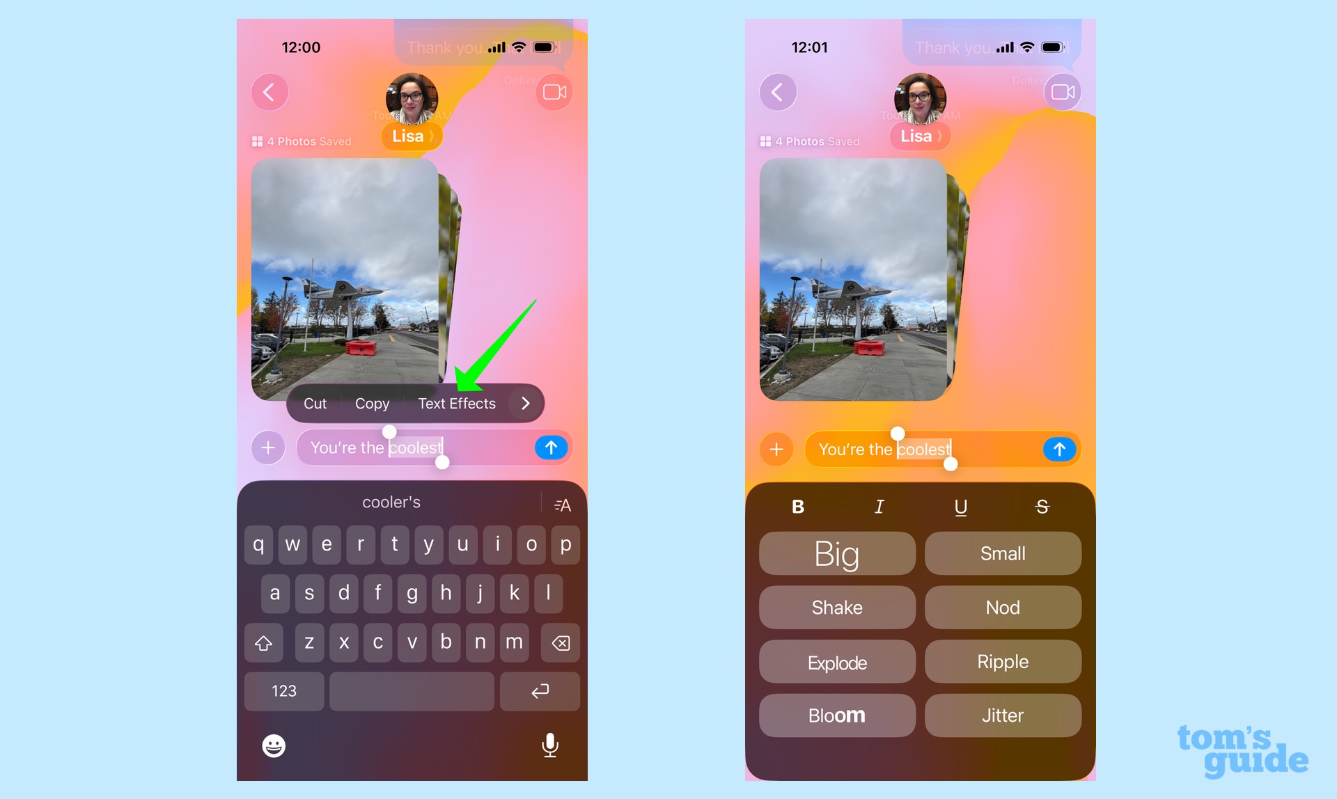 בחירת אפקטי טקסט בהודעות iOS 26 מהתפריט המוקפץ