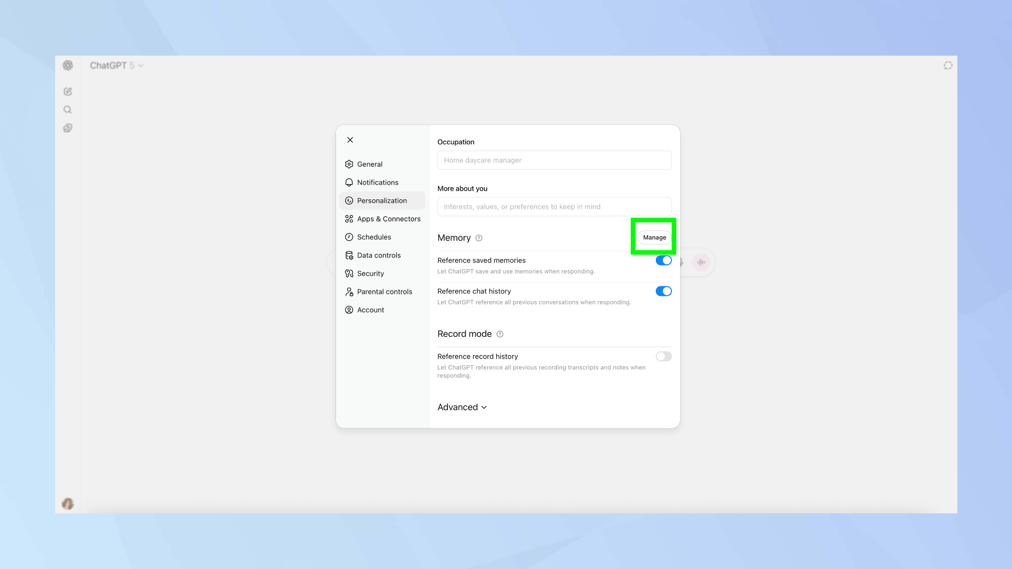 ChatGPT לנהל זיכרונות