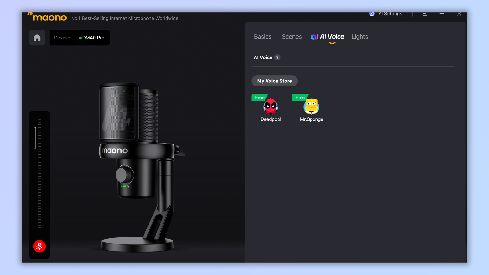 שני צילומי מסך מאפליקציית maono link המציגים פונקציות עם מיקרופון dm40 pro