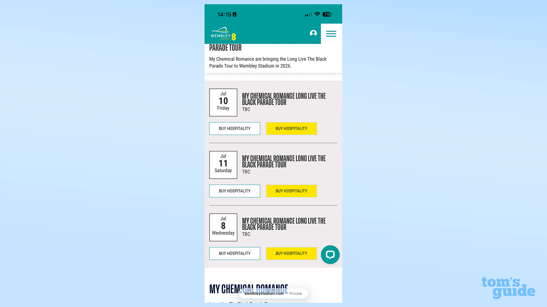 צילום מסך של ספארי של תאריכי הסיורים הקרובים של MCR בלונדון