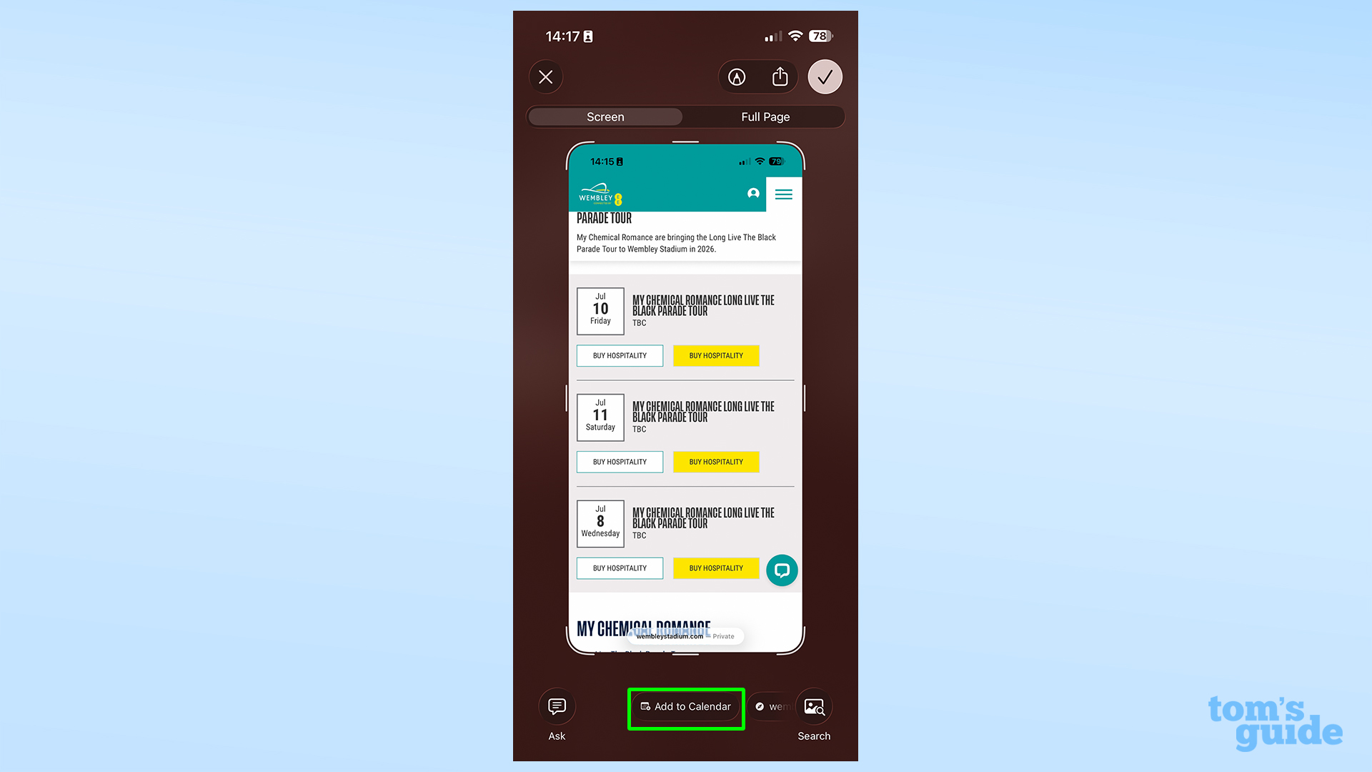 צילום מסך של Apple Visual Intelligence עם לחצן הוסף ליומן מודגש