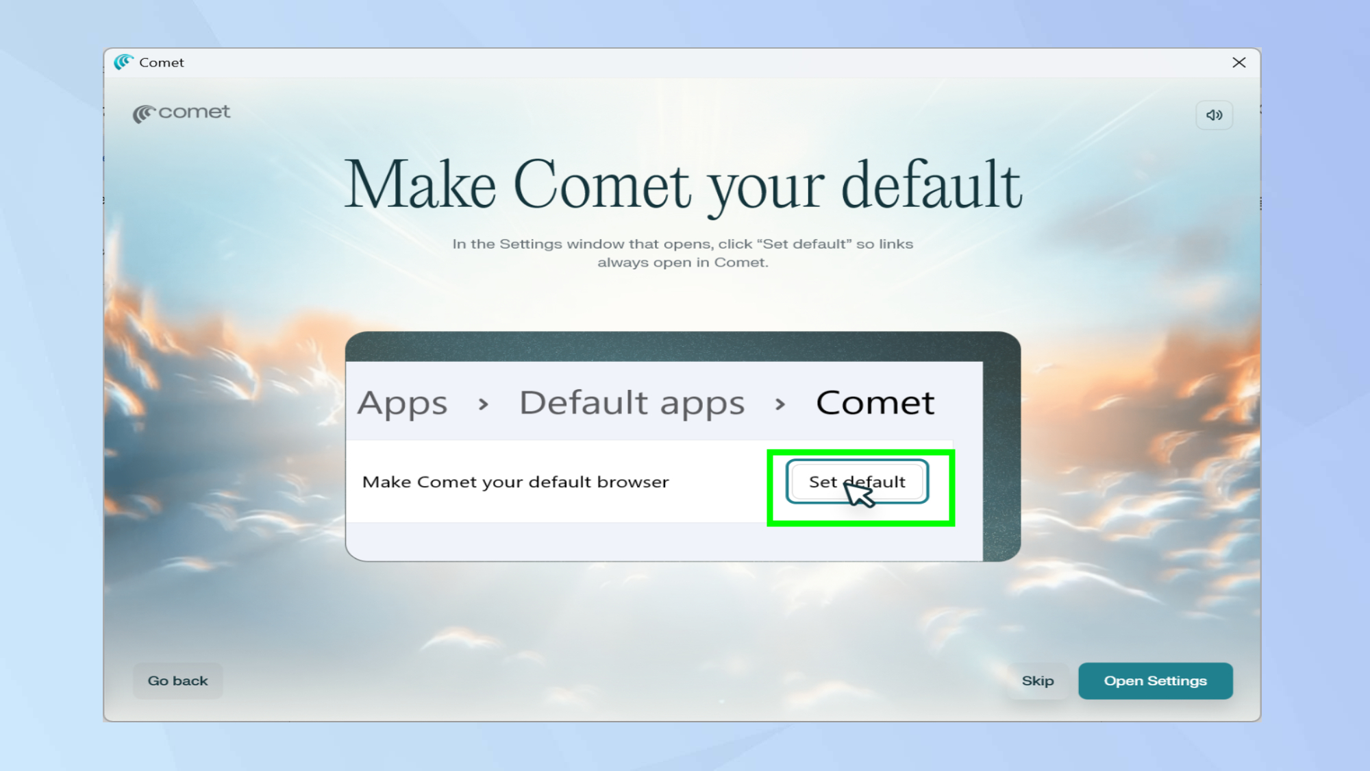 הפוך את Comet לדפדפן ברירת המחדל שלך או לא
