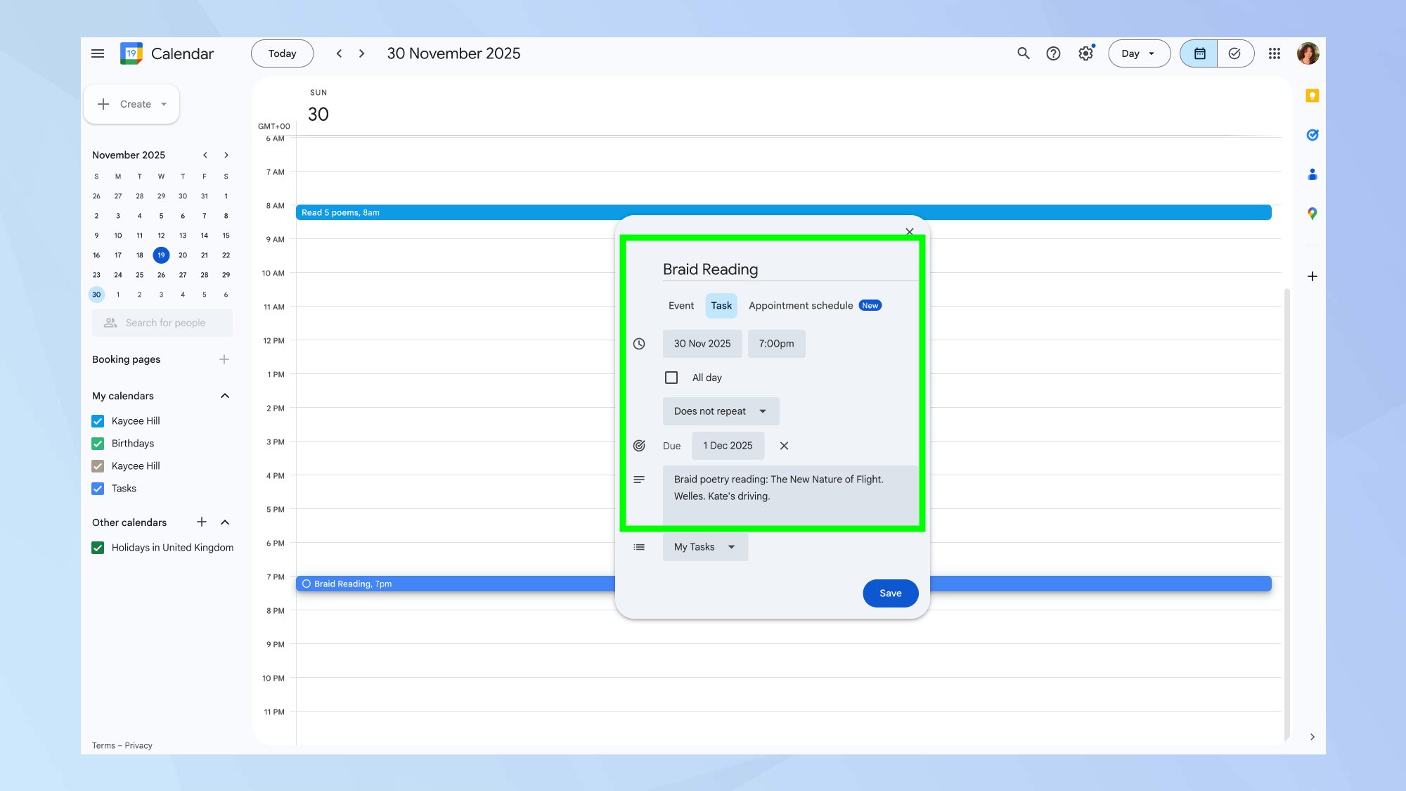 משימה מתוזמנת ביומן Google 