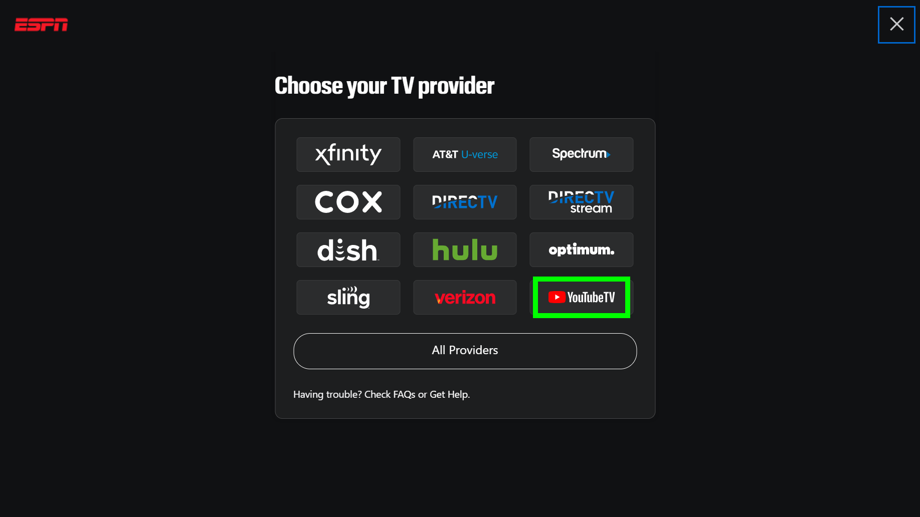 כיצד להוסיף YouTube TV ל-ESPN Unlimited: בחירת YouTube TV כספק הטלוויזיה שלך ב-ESPN.