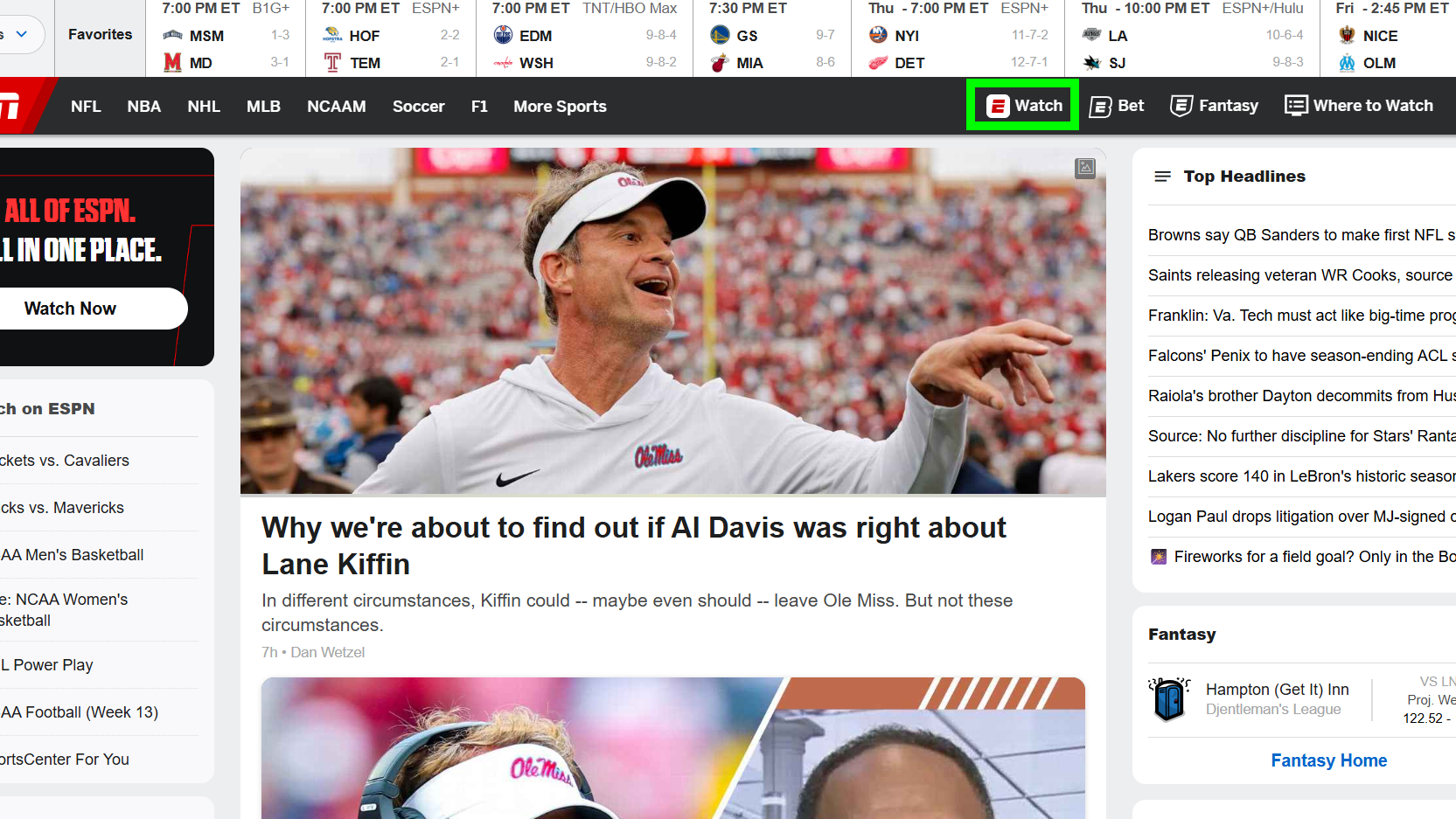 כיצד להוסיף YouTube TV ל-ESPN Unlimited: בחירת סמל הצפייה ב-ESPN.