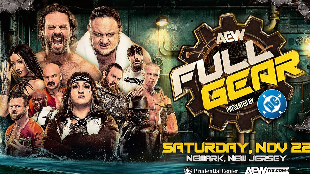 The AEW Full Gear 2025 poster, featuring wrestlers like Adam Page, Samoa Joe, Kris Statlander, and Mercedes Mone.