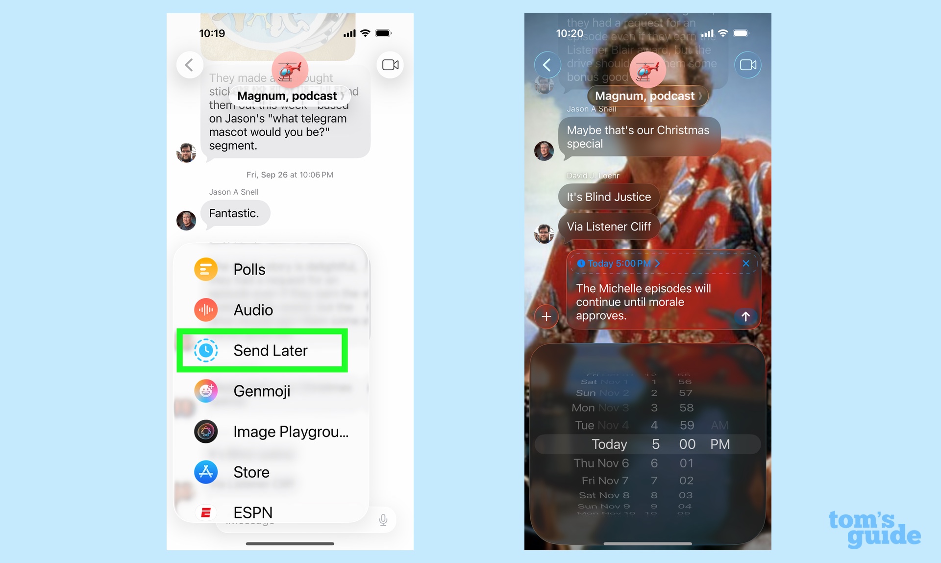 הקש על לחצן פלוס הודעות ובחר שלח מאוחר יותר כדי לתזמן הודעת טקסט