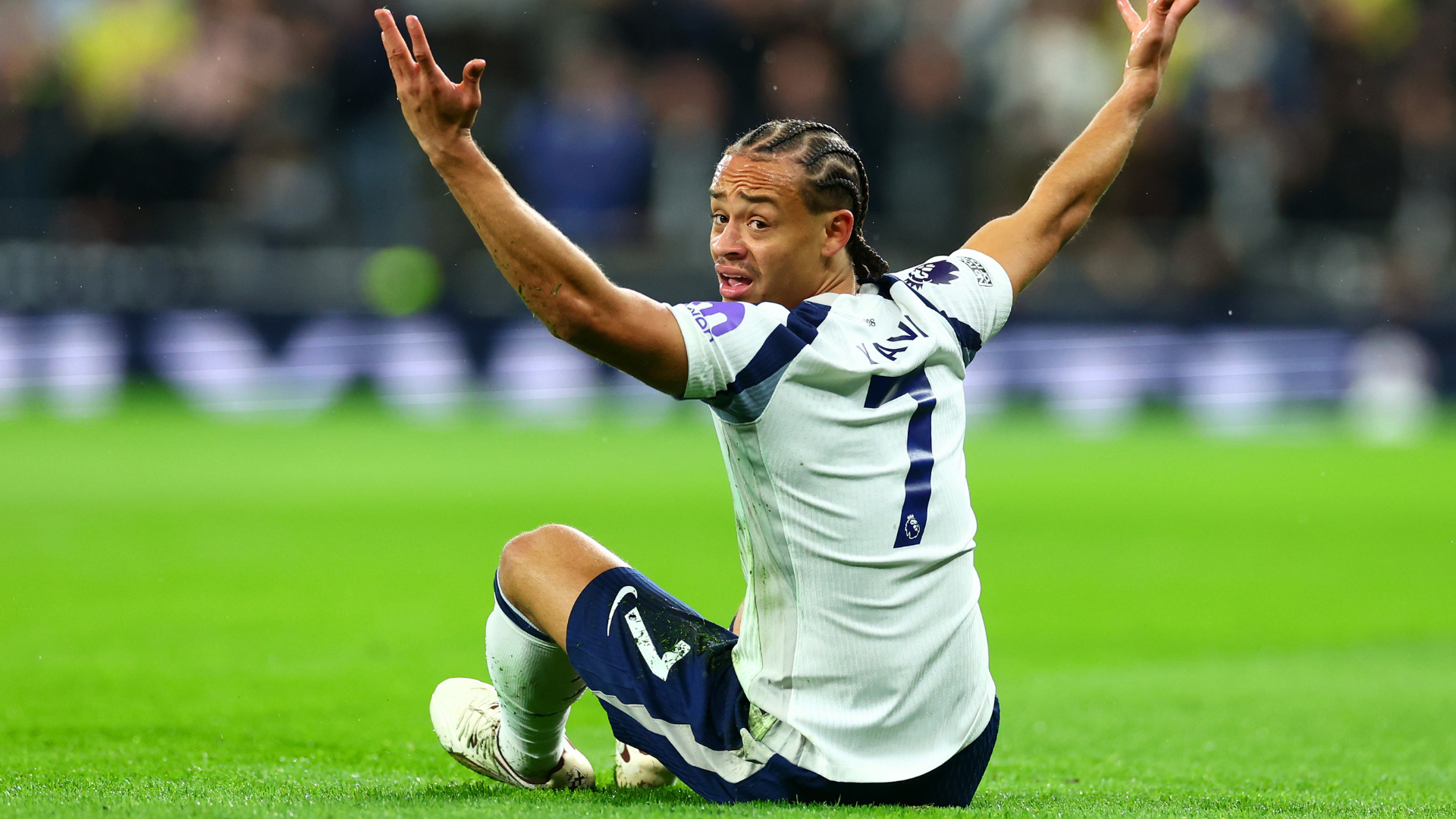 Xavi Simons of Tottenham Hotspur reacts during the Premier League match between Tottenham Hotspur and Chelsea at Tottenham Hotspur Stadium on November 01, 2025 in London, England.