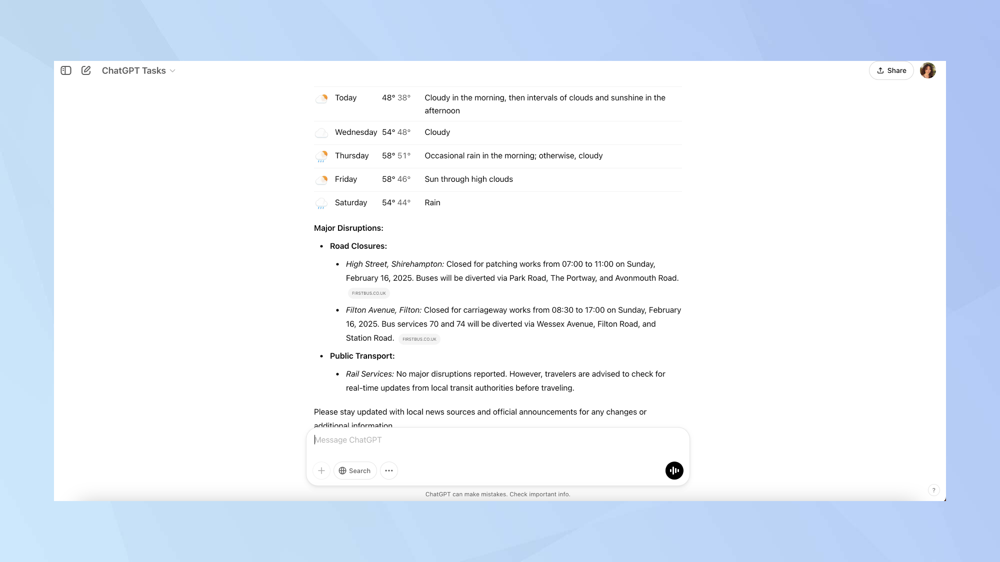 פלט מזג האוויר של ChatGPT Tasks