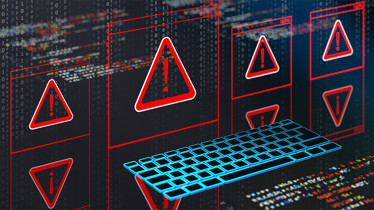 Computer graphic showing blue keyboard with multiple red warning triangle tabs